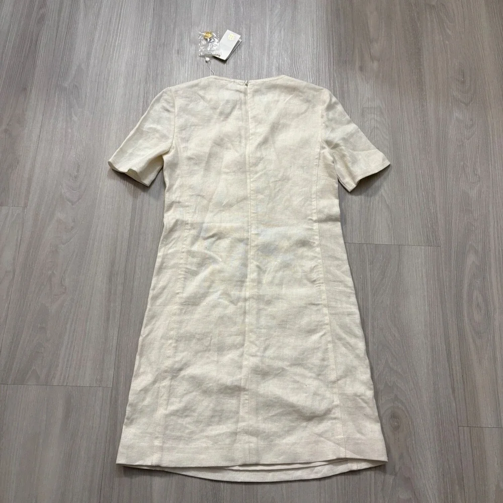 Tory Burch Dress Women Cream Linen Shift Short Sleeve Epaulet Detail Size 00